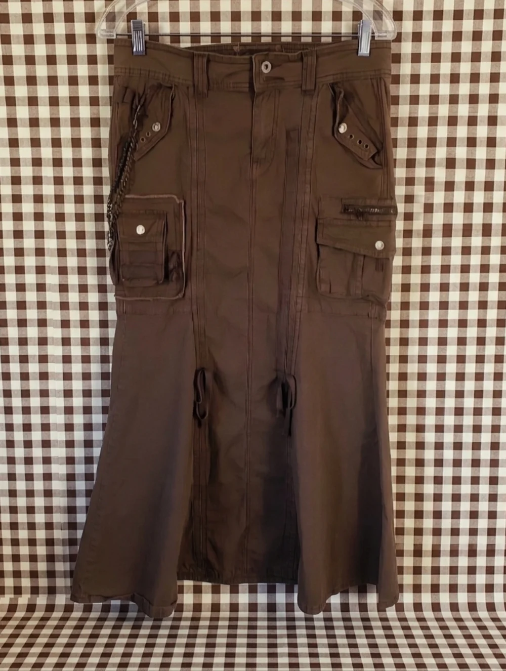 Y2K 2000s Brown Utility Cargo Grunge WhimsyGoth Cotton Maxi Skirt Size 6/7 - Picture 2 of 7